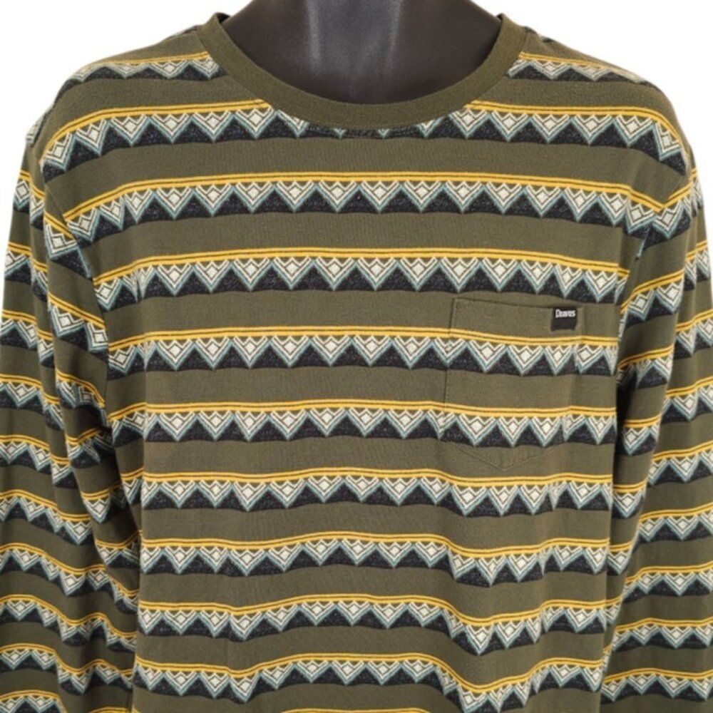 Dravus Surfer T Shirt Mens Size Medium Green Yellow Striped Geometric Pocket Tee